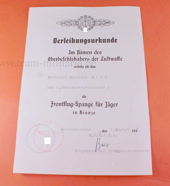 Verleihungsurkunde zum Frontflugspange für Jäger in Bronze (Zerstörergeschwader 1) - SEHR SELTEN