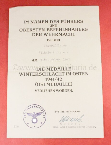 Verleihungsurkunde zur Ostmedaille Unteroffizier Wilhelm Fraas - Winterschlacht im Osten