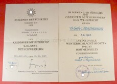 Urkundenduo zur Ostmedaille und KVK 1939 (A.R.107) OGF...