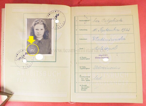 Arbeitsbuch für Ausländerin  / Zwangsarbeiterin Ukrainerin mit OST Brustschild - SELTEN