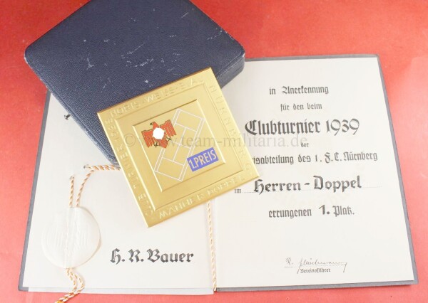 Plakette im Etui Nürnberg Männer Doppel 1.Preis (Club Turnier 1938 Noris-Weiss-Blau) im Etui - SEHR SELTEN