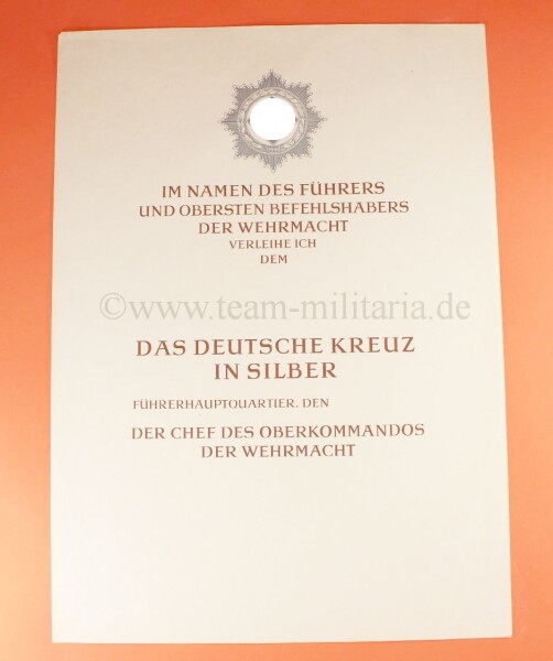 Blanko Verleihungskurde Deutsches Kreuz in Silber - SELTEN