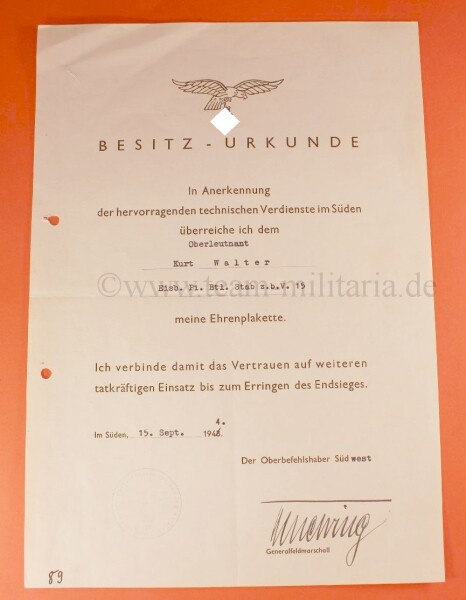 Besitzurkunde für die Luftwaffen Ehrenplakette technische Verdienste im Süden an Oblt K.Walter - SELTEN
