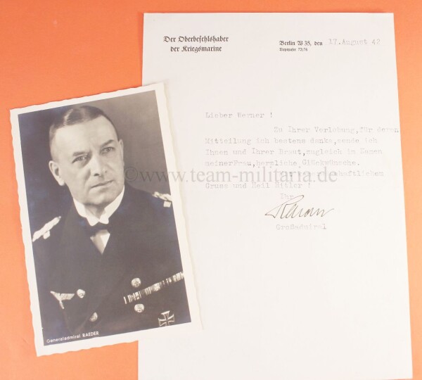 Erich Raeder - Großadmiral Unterschrift auf Dankeskarte mit Fotopostkarte