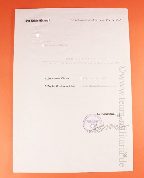 Originalunterschrift vom Reichsführer Heinrich Himmler Beförderung SS-Obersturmführer Zielke- MINT CONDITION