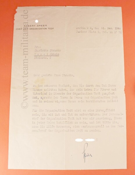 Originalunsterschrift von Albert Speer als Chef der Organisation Todt - SEHR SELTEN