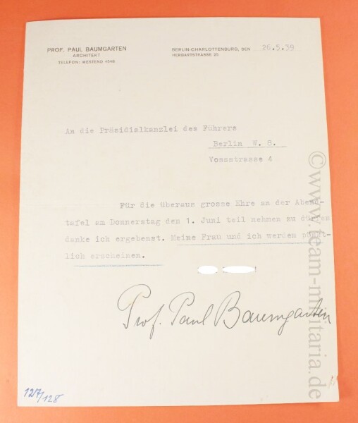 Originalunterschrift von dem Architekten Prof. Paul Baumgarten auf Brief an Präsidentkanzlei des Führers - SELTEN