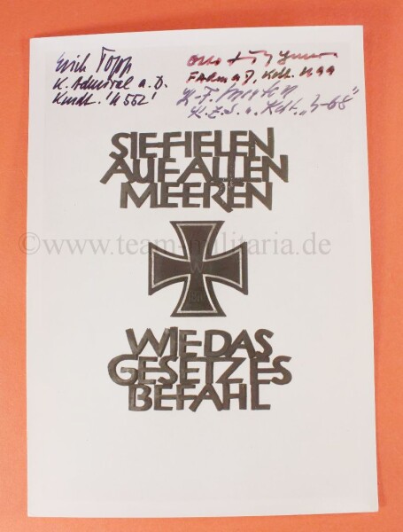 Unterschriften von den Kriegsmarine Schwerterträgern Erich Topp, Karl-Friedrich Merten und Otto Kretschmer