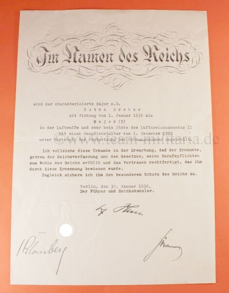 frühe Originalunterschriften Ernennungsurkunde von Adolf Hitler, Werner von Blomberg und Hermann Göring 1936- EXTREM SELTEN