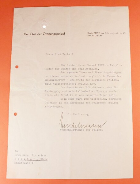 Originalunterschrift von Chef der Ordnungspolizei Otto Winkelmann - SEHR SELTEN