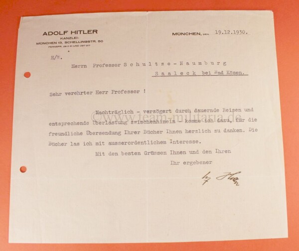 extrem frühe Adol Hitler original Unterschrift (1930) an den Architekten Prof. P. Schultze-Naumburg - EXTREM SELTEN