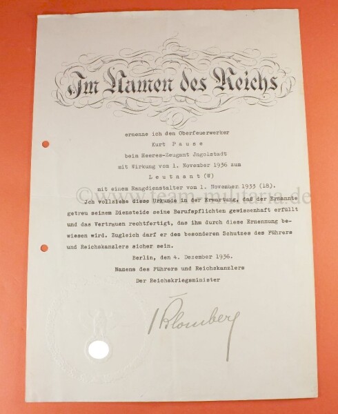Originalunterschrift von Reichkriegsminister Werner von Blomberg Beförderung eines Oberfeuerwerkers - SELTEN