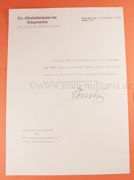 Originalunterschrift Eichenlaubträger Karl Dönitz auf Briefpapier Oberbefehlshaber der Kriegsmarine