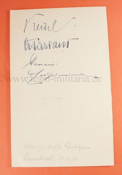 Originalunterschrift W. Canaris, Keitel, Alberto Pariani auf der Menükarte des gleichen Tages des Hotel Tyrol Innsbruck - EXTREM SELTEN