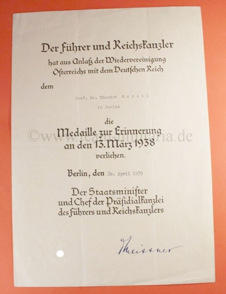 Urkunde zur Medaille zur Erinnerung an den 13. März 1938 für Professor Dr. Theodor Morell - EXTREM SELTEN