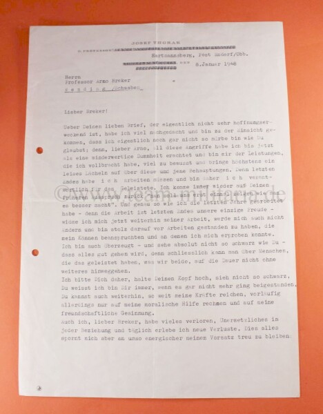 Brief von Prof. Josef Thorak an Prof. Arno Breker mit original Unterschrift - SELTEN