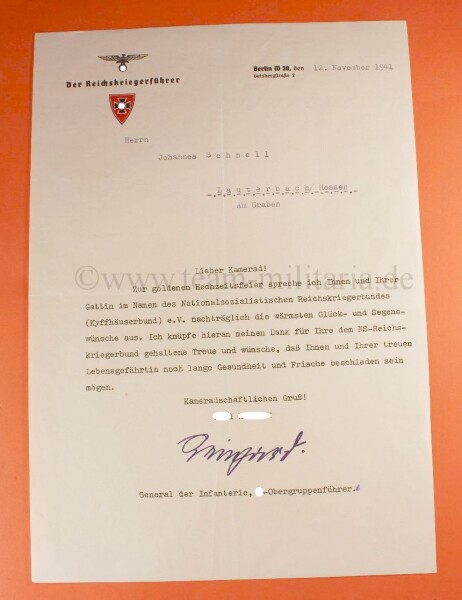 Originalunterschrift von Reichskriegerführer - General der Infanterie SS-Obergruppenführer Wilhelm Reinhard - SELTEN