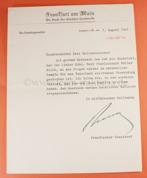 Brief mit OU Oberbürgermeister von Frankfurt am Main Friedrich Krebs an Dr. Frick - SELTEN