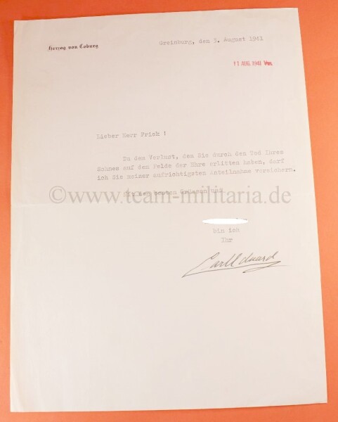 Originalunterschrift von Carl Eduard Herzog von Sachsen-Coburg und Gotha auf Brief an Dr. Frick - SEHR SELTEN