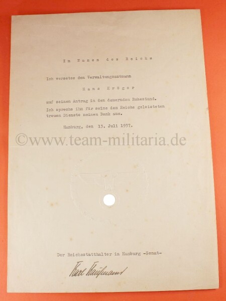 Originalunterschrift des Reichsstatthalters von Hamburg Karl Kaufmann - SELTEN