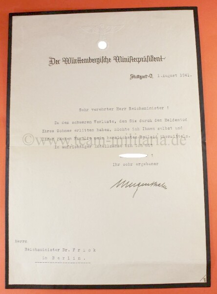 Brief mit OU des wüttembergischen Ministerpräsidenten und Kultminister Christian Mergenthaler an Dr. Frick - SEHR SELTEN