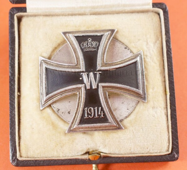 Eisernes Kreuz 1.Klasse 1914 an Schraubscheibe / Flügelmutter im sehr seltenen Etui (Schickle)   - EXTREM SELTEN