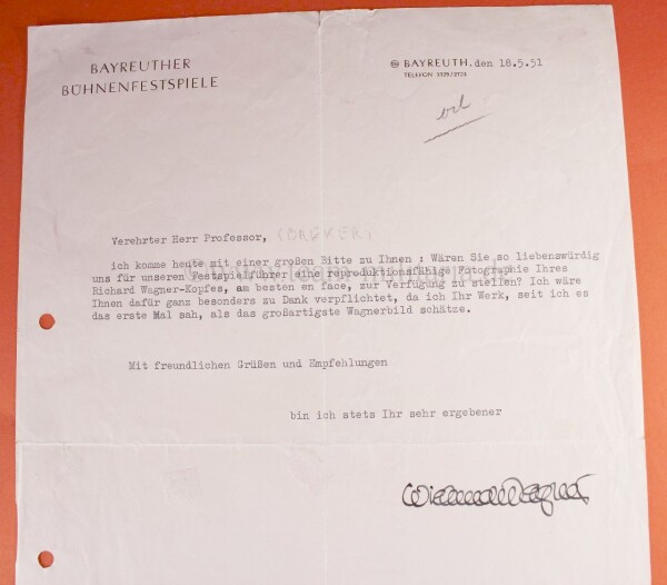 Brief von Wieland Wagner an Prof. Arno Breker mit original Unterschrift - SELTEN