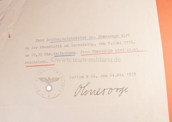Originalunterschrift von Reichspostminister Dr. Ohnesor - SELTEN
