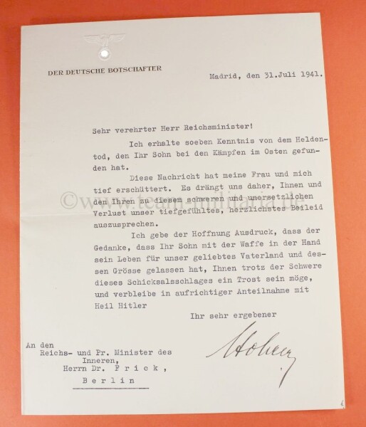 Originalunterschrift Botschafter Eberhard von Stohrer an Dr.Frick - SEHR SELTEN