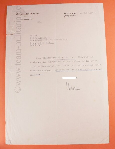 Staatssekretär Dr. Hermann Muhs - Antwortschreiben auf die Einladung des Führers 1.Juli 1939 zu Abendtafel