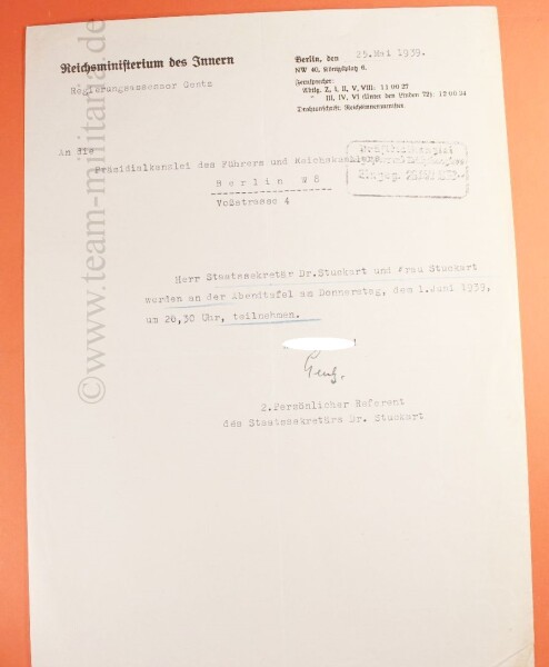 Reichsministerium des Innern Staatssekretär Dr. Stuckart - Antwortschreiben zur Einladung des Führers 1.Juni 1939 zur Abendtafel