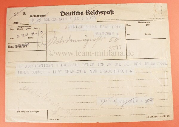 Telegramm von Charlotte von Brauchitsch an Herrn Reichsminister Dr. Frick