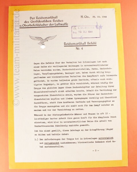 Reichsmarschall Befehl Nr. 4 direkt vom Oberbefehlshaber der Luftwaffe Hermann Göring - SEHR SELTEN