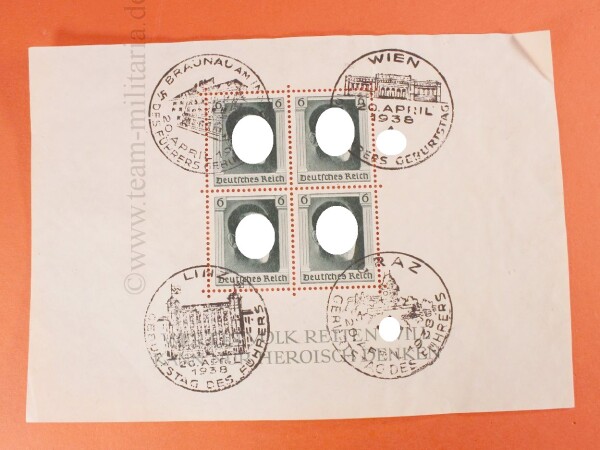 4x Briefmarken III. Reich / A. Hitler gestempelt Braunau am Inn, Wien, Lin und Graz.