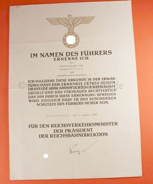 Große Ernennungsurkunde des Reichsbahnsekretär Heinrich Klaus