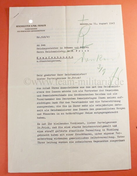 persönlicher Brief des Reichsleiter und Oberbürgermeister von München Karl Fiehler an Dr. Frick
