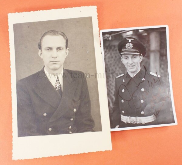 2 x Portraitfotos Ritterkreuzträger Kriegsmarine mit Widmung und Unterschrift Hans Walter Temming