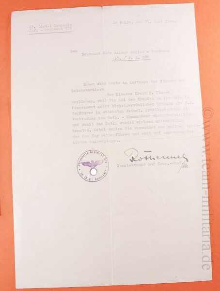 Brief zur Verleihungstat zum Erlangen des Eisernen Kreuz 1.Klasse 1939 Ltn Müller (Inf.J.R.528)