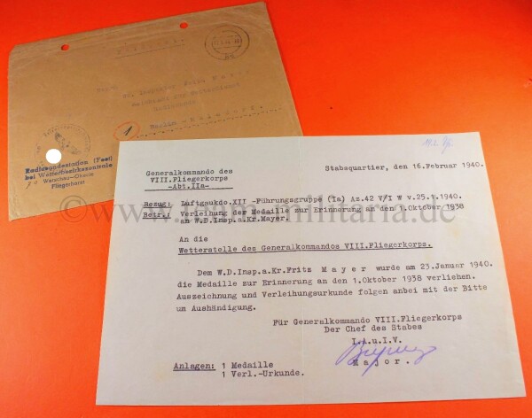 Brief zur Verleihung der Medaille 1.Oktober 1939 an Wetterdienst Inspektor Fritz Mayer