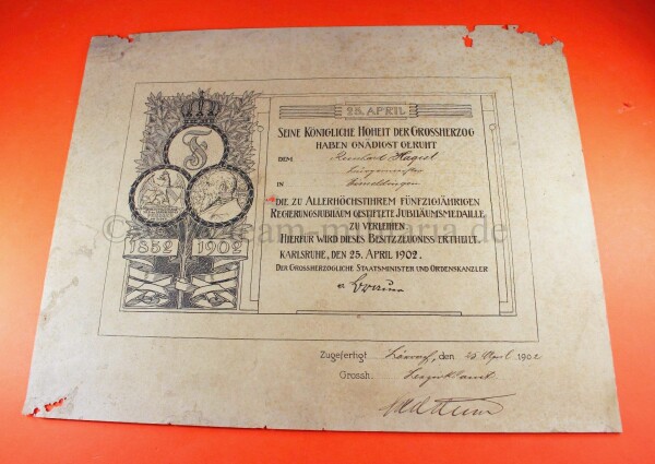 Besitzzeugnis Regierungsjubiläumsmedaille (1902) Bürgermeister Eimeldingen Reinhard Hagist