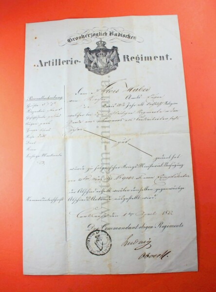 große Urkunde Alois Huber badische Artillerie Regiment