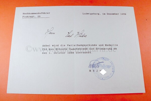 Übersendungsschreiben zur Urkunde Sudentenland 1.Oktober 1938 - Flak. Rgt. 25