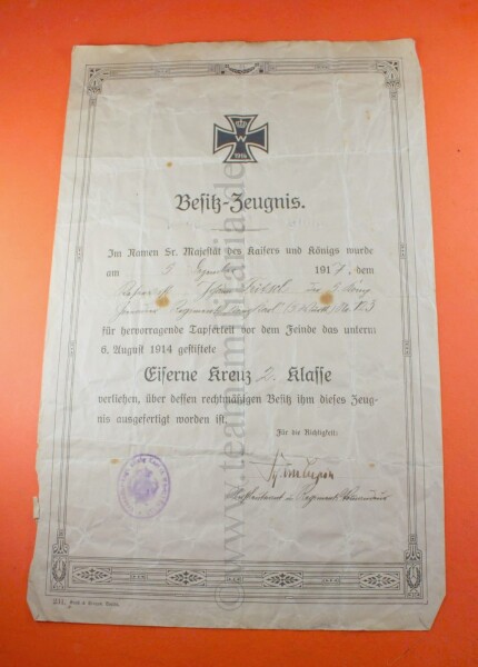 Besitzzeugnis zum Eisernen Kreuz 2.Klasse 1914 Johann Fritsch -- Gren.Rgt. "König Karl" (5.Württem. Nr.123)