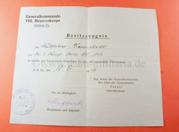 Besitzzeugnis zum Verwundetenabzeichen Generalkommando VIII.Reservekorps 1918