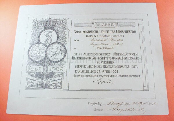 Besitzzeugnis Regierungsjubiläumsmedaille (1902) Friedrich Bruder aus Wollbach