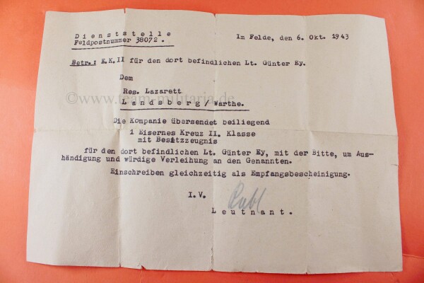 Übersendungsschreiben zum Eisernen Kreuz 2.Klasse 1939 Leutnant Günter Ey