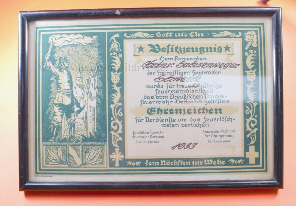 Besitzzeugnis für treue 25 jährige Feuerwehrdienstzeit 1933 für das Feuerwehr-Ehrenkreuz Nordrheinland/Rheinprovinz - SEHR SELTEN