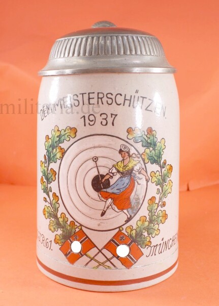 wunderschöner colorierter Bierkrug I.Btl.J.R. 61 München - Dem Meisterschütze 1937