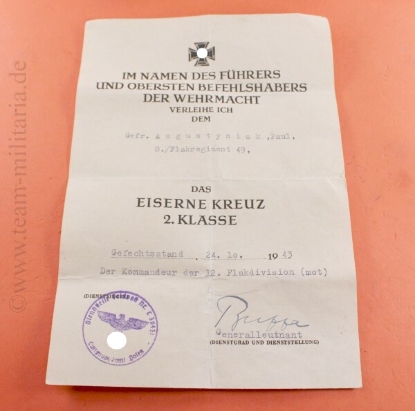 Verleihungsurkunde zum Eisernen Kreuz 2.Klasse 1939 - 8/Flakregiement 49