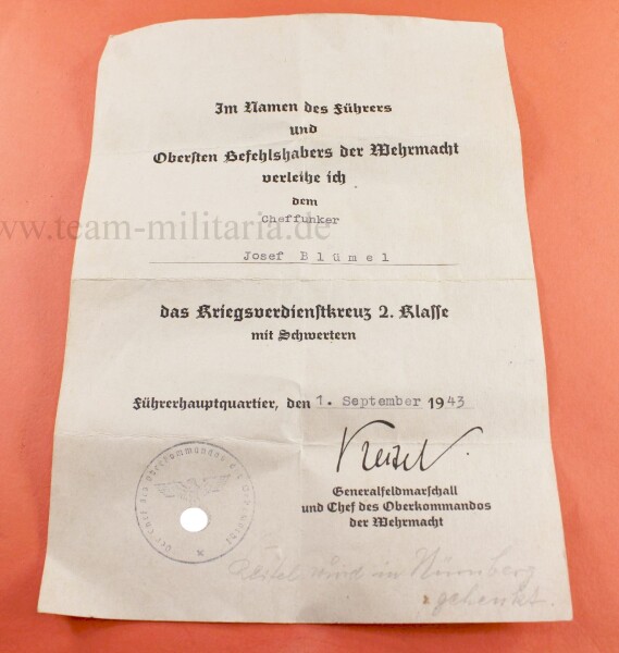 Verleihungsurkunde zum Kriegsverdienstkreuz 2.Klasse 1939 mit Schwertern Cheffunker J. Blümel